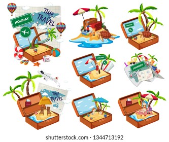 Set of beach in the travel luggage illustration