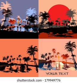 Playa en el trópico al atardecer, ilustración de vektor.