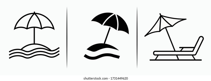 Set of beach umbrella and chair icons isolated on a white background, sunbed and umbrella, sea, icon for vacationers, vector.