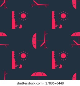 Set Beach with umbrella and chair and Sunbed and umbrella on seamless pattern. Vector