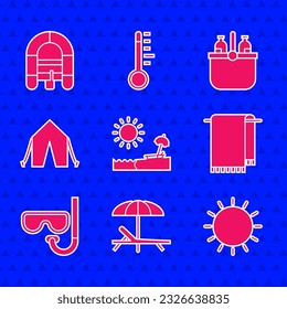 Set Beach with umbrella and chair, Sunbed, Towel on hanger, Diving mask snorkel, Tourist tent, Cooler bag water and Rafting boat icon. Vector
