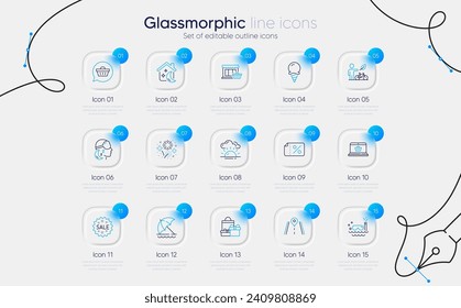 Set of Beach umbrella, Sale and Scuba diving line icons for web app. Discount banner, Road, Sunset icons. Insomnia, Shopping, Shopping cart signs. Fireworks, Sleep, Marketplace. Eco bike. Vector