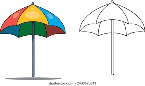 Set of beach umbrellas, cartoon style vector illustrations without background, with color and without color to paint.