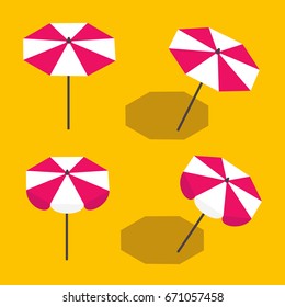 set of beach umbrellas standing straight and tilted with a shadow in isometric. vector illustration isolated from yellow background