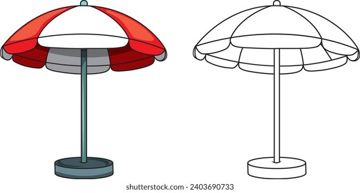 Set of beach umbrellas with support, cartoon style vector illustrations without background, with color and without color to paint.