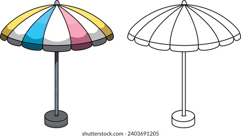 Set of beach umbrellas with support, cartoon style illustrations, pre-designed, without background, printable, with color and without color to be able to color.
