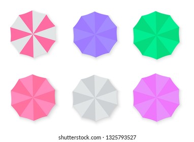 Set of beach umbrellas. Top view, striped design. Vector illustration of beach umbrellas. Isolated for all backgrounds.