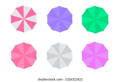 Set of beach umbrellas. Top view, striped design. Vector illustration of beach umbrellas. Isolated for all backgrounds.