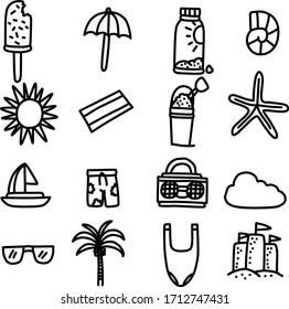 A Set of beach utilities suitable for beach and holiday or relaxing design with cartoon and doodle style