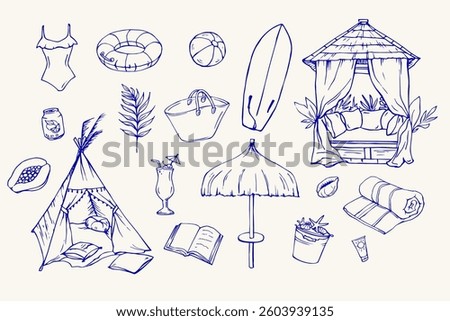 Set of beach vacation doodles blue