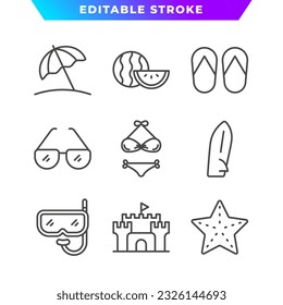 Set of Beach and Vacation Outline Icon. Watermelon, Sandals, Bikini, Surfing Board, Snorkel, and More. Editable Stroke. Vector Eps 10