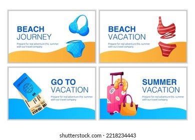 Set of Beach vacation posters. Blue and red women swimsuits, passport with tickets, laggage.