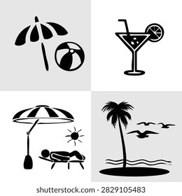 Set of beach vacation and summer resort vector icons. Black silhouette of parasol with beach ball, tropical cocktail glass, sunbed under umbrella, and palm tree island with birds for travel design.