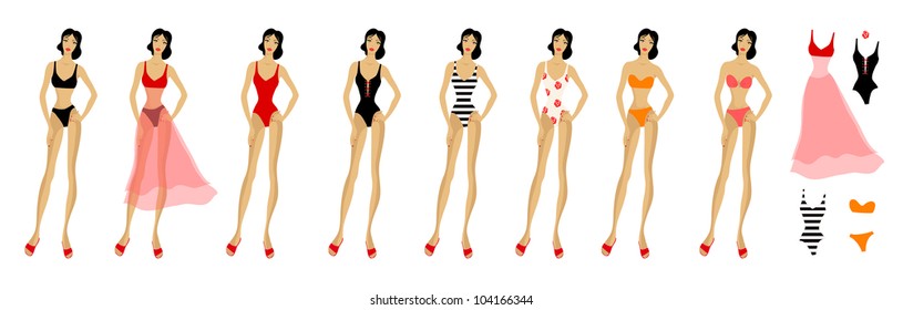Set of beach woman clothes. Eight figure patterns. Eps 10 vector illustration