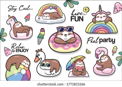 Set of beach/pool party sloths, summer cute sloths vector illustration	