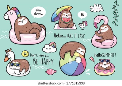 Set of beach/pool party sloths, summer cute sloths vector illustration	