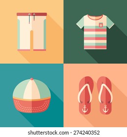 Set of beachwear flat square icons with long shadows.