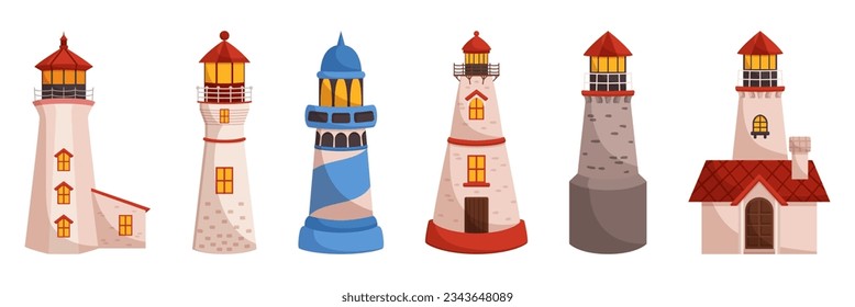 Set of Beacons or Lighthouses. Tall Towers With A Bright Light On Top, Used To Guide And Warn Ships At Sea, Preventing Them From Crashing Into Rocks Or Shores. Cartoon Vector Illustration
