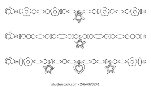 Set of beads bracelets outline. Cartoon cute bracelets made of beads. Friendship retro bracelets isolated on white background. Kid's jewelry