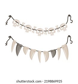 Set of beads made of skulls, crossbones and fangs hanging from rope. Halloween party decoration or necklace. Vector flat illustration