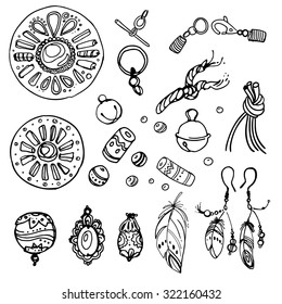 Set of beads, ropes and cords. Ethnic set in your own style. Style boho, hippie culture. Vector decorative elements hippies
