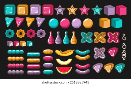 A set of beads and various decorative elements for creating jewelry designs and implementing other projects. 62 items on a black background. Vector set