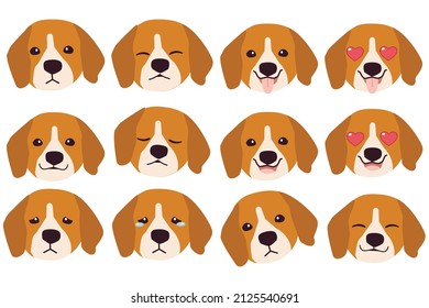 Set of beagle dog emotions. Funny Smiling and angry, sad and delight dog. Face of dog cartoon emoji. Illustration about kawaii animal and pet in flat vector style.