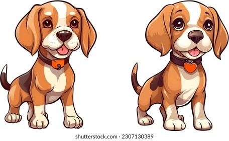 Set of beagle dog puppy isolated on white background