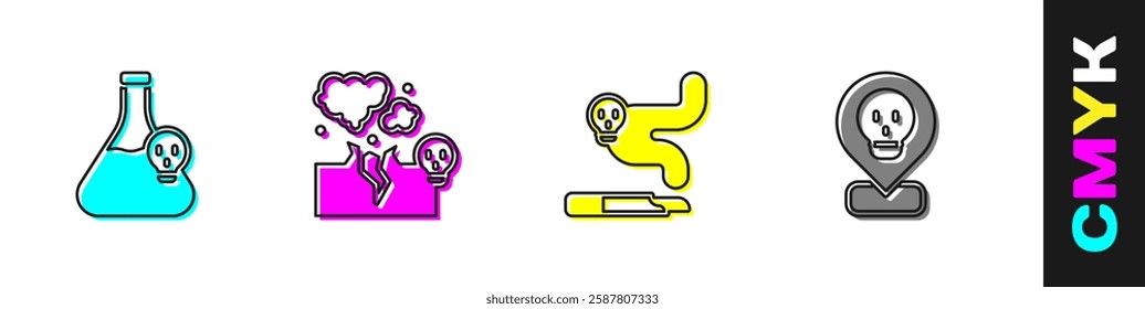 Set Beaker with toxic liquid, Poisonous cloud of gas or smoke, Cigarette and Radioactive in location icon. Vector