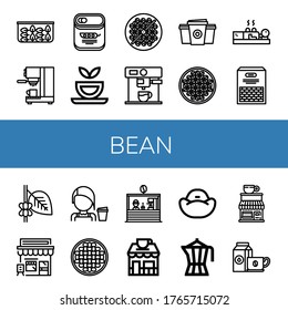 Set of bean icons. Such as Spinach, Coffee maker, Peas, Herbal tea, Bean toasting, Paper cup, Coffee beans, Cupping, Beans, Coffee, Cafe, Barista, shop, Bean bag , icons