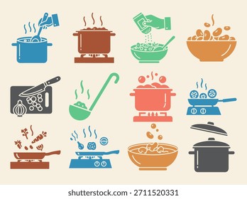 Conjunto de iconos de estofado de frijoles que muestran los pasos de preparación como remojar frijoles, cortar verduras y cocinar a fuego lento