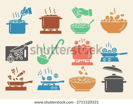 Set of bean stew icons showing preparation steps like soaking beans chopping vegetables and simmering