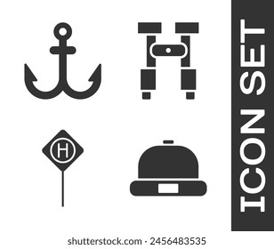 Set Beanie hat, Anchor, Parking and Binoculars icon. Vector