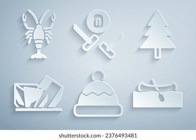 Set Beanie hat, Christmas tree, Royal Ontario museum, Kayak or canoe, Curling sport game and Lobster icon. Vector