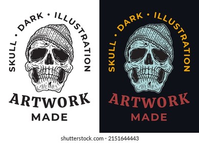 Set beanie hat Dark illustration Skull Bones Head Hand drawn Hatching Outline Symbol Tattoo Merchandise T-shirt Merch vintage