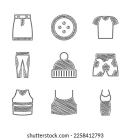 Set Beanie hat, Female crop top, Woman dress, Swimming trunks, Undershirt, Leggings, T-shirt and Skirt icon. Vector