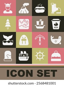 Set Beanie hat, Fur seal animal, Yogurt container, Hotdog sandwich, Northern lights, Tree, Viking head and ship Drakkar icon. Vector