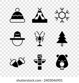 Set Beanie hat, Indian teepee or wigwam, Snowflake, Acorn, Canadian totem pole, Beaver animal, ranger and Lobster icon. Vector