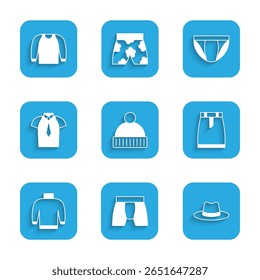 Set Beanie hat, Men underpants, Man, Skirt, Sweater, Shirt,  and  icon. Vector