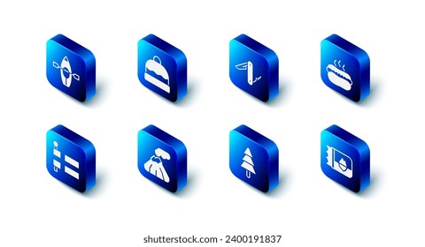 Set Beanie hat, Swiss army knife, Hotdog sandwich, Ticket in Iceland, Tree, Volcano, Flag of and Kayak paddle icon. Vector