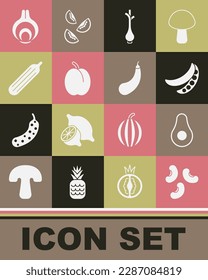 Set Beans, Avocado fruit, Green peas, Fresh green onions, Plum, cucumber, Onion and Eggplant icon. Vector