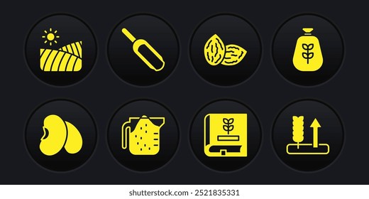 Set Beans, Bag of flour, Measuring cup, Book about seeds, Seed, Scoop, Wheat and Agriculture wheat field icon. Vector