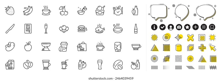 Set of Beans, Beer glass and Grilled sausage line icons for web app. Design elements, Social media icons. Soy nut, Fitness water, Cherry icons. Ice cream, Cappuccino, Vegetarian food signs. Vector