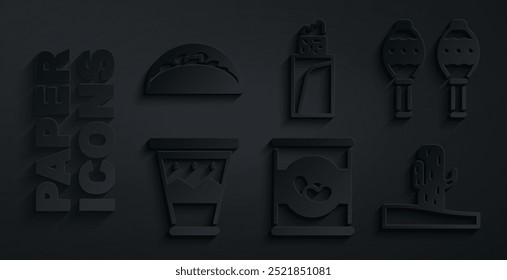 Set Beans in can, Maracas, Mexican drum, Cactus, Burrito and Taco with tortilla icon. Vector