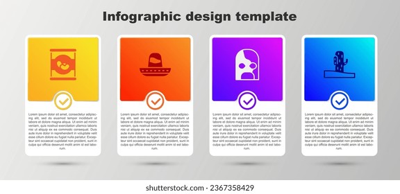 Setze Bohnen in Dose, mexikanischer Sombrero, Ringer und Kaktus. Infografik-Vorlage für Unternehmen. Vektorgrafik