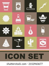 Set Beans in can, Popsicle ice cream, Mexican man sombrero, Cactus, Tequila bottle, Sun, drum and glass with lemon icon. Vector