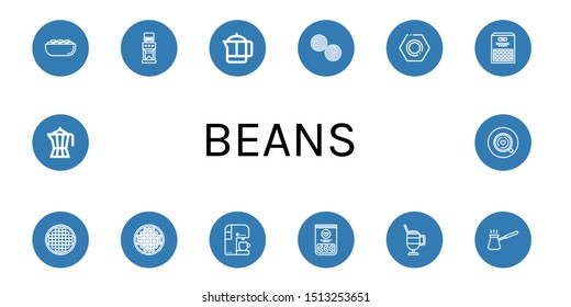 Set of beans icons such as Pistachio, Coffee grinder, French press, Liquorice, Nut, Beans, Coffee beans, Coffee machine, Jelly Latte, Cezve, maker, ,