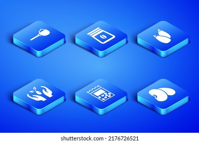 Set Beans, Measuring cup with flour, Pack full of seeds of plant, Plant hand, Bag coffee beans and Seed icon. Vector
