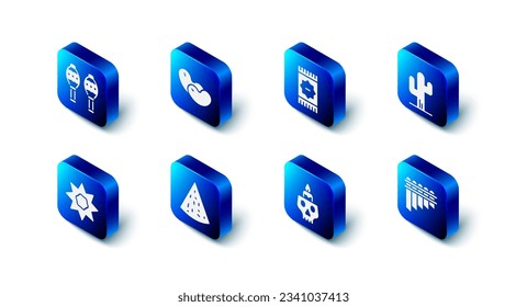 Set Beans, Mexican carpet, Cactus, Pan flute, Burning candle on skull, Nachos, Sun and Maracas icon. Vector