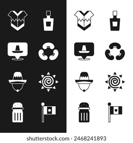 Set Beans, Mexican sombrero, Poncho, Tequila bottle, Sun, Mexico flag and Salt icon. Vector